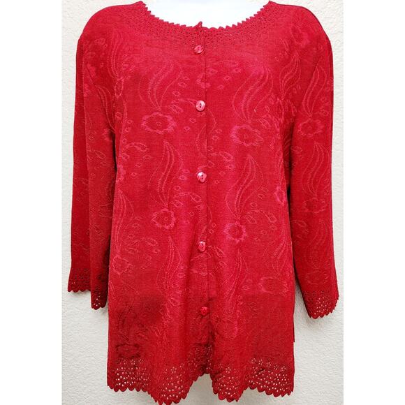 Rebecca Malone Petites Red Button Up Cardigan Sweater PXL Scalloped Hem Soft - Picture 1 of 7